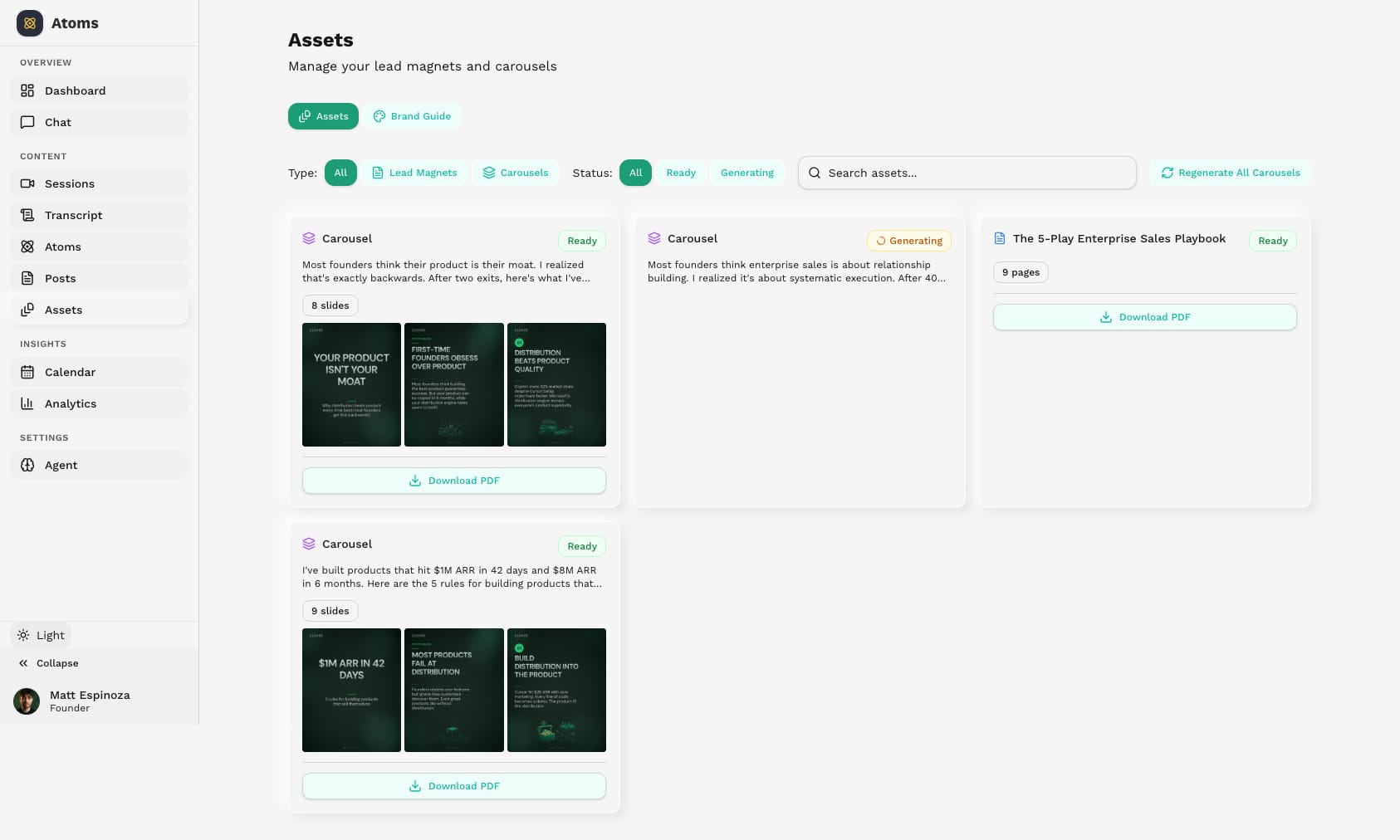 Atoms assets page with carousels and lead magnets