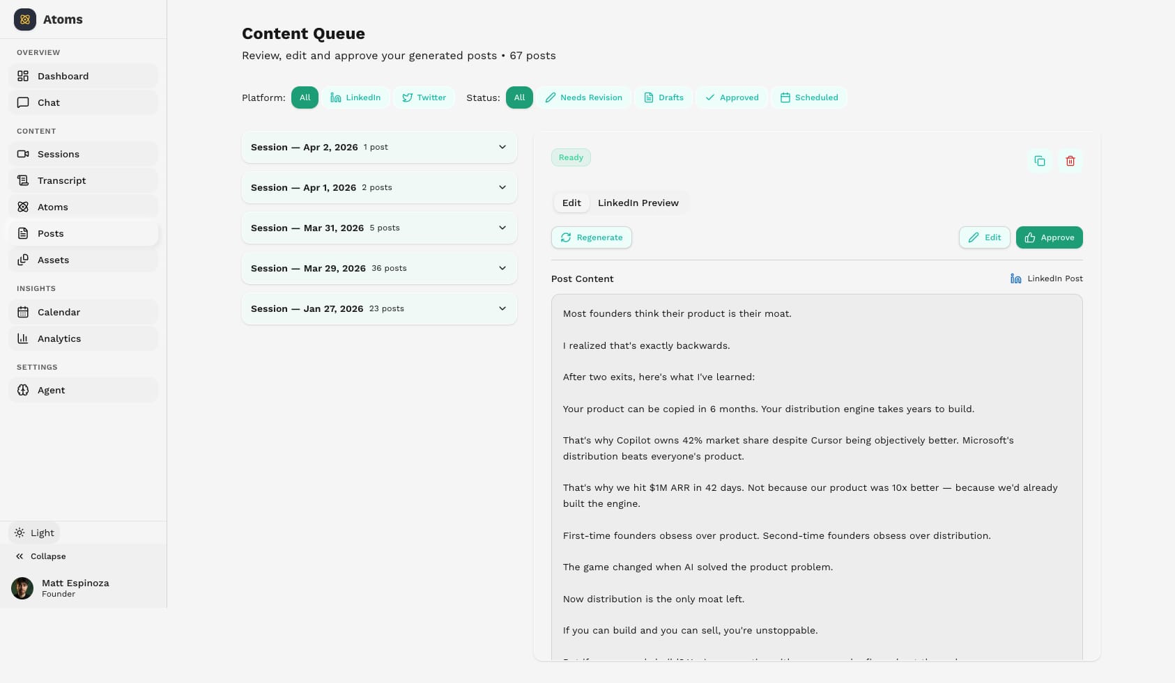 Atoms content queue with draft posts grouped by session